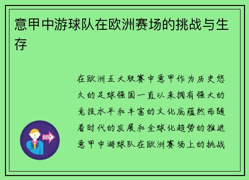 意甲中游球队在欧洲赛场的挑战与生存